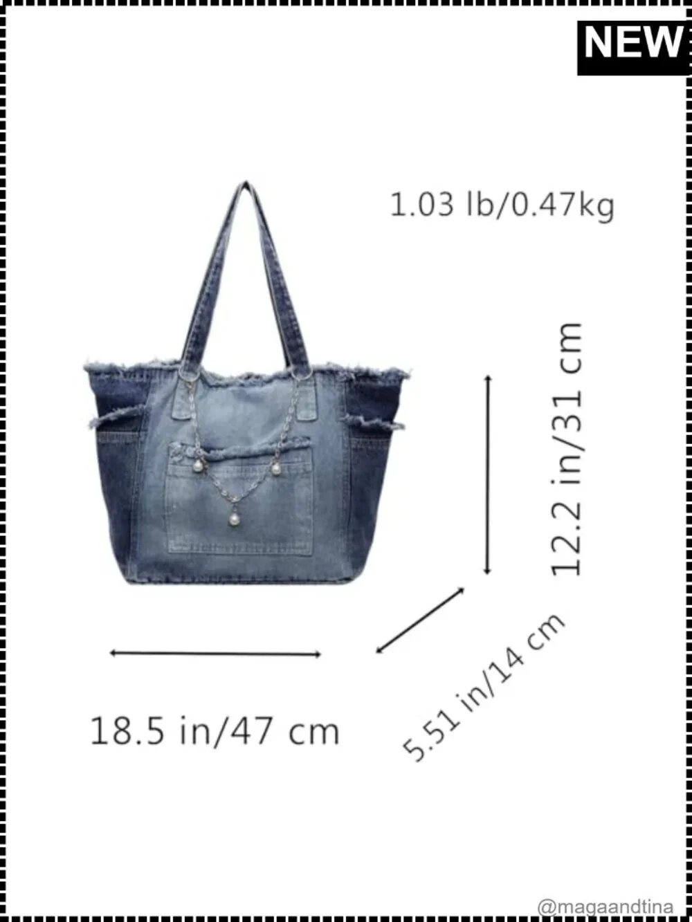 Large Denim Tote Hobo Jean Handbag Everyday Shoulder Bag